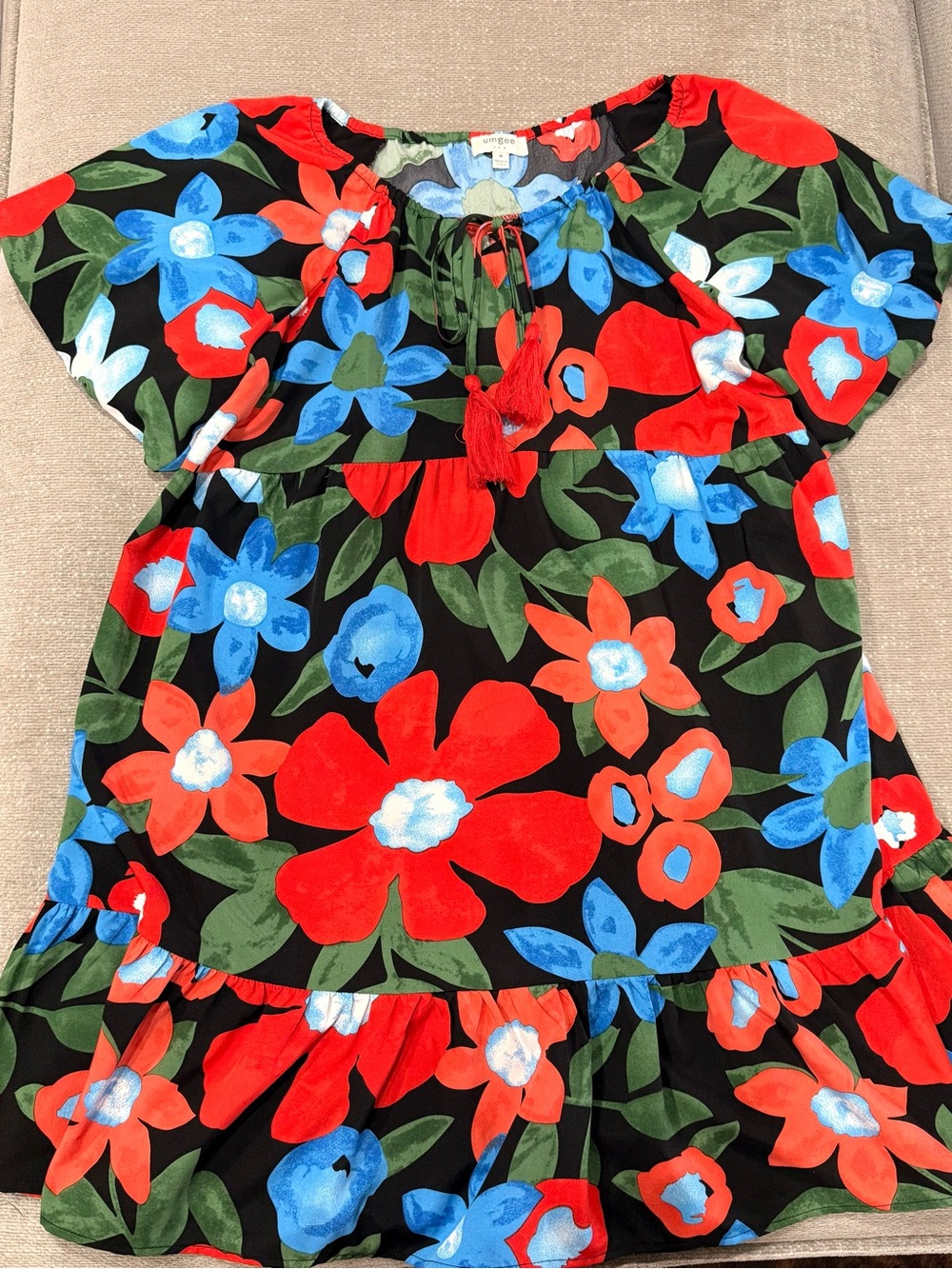Umgee Black Mini Dress with Red & Blue Floral Print